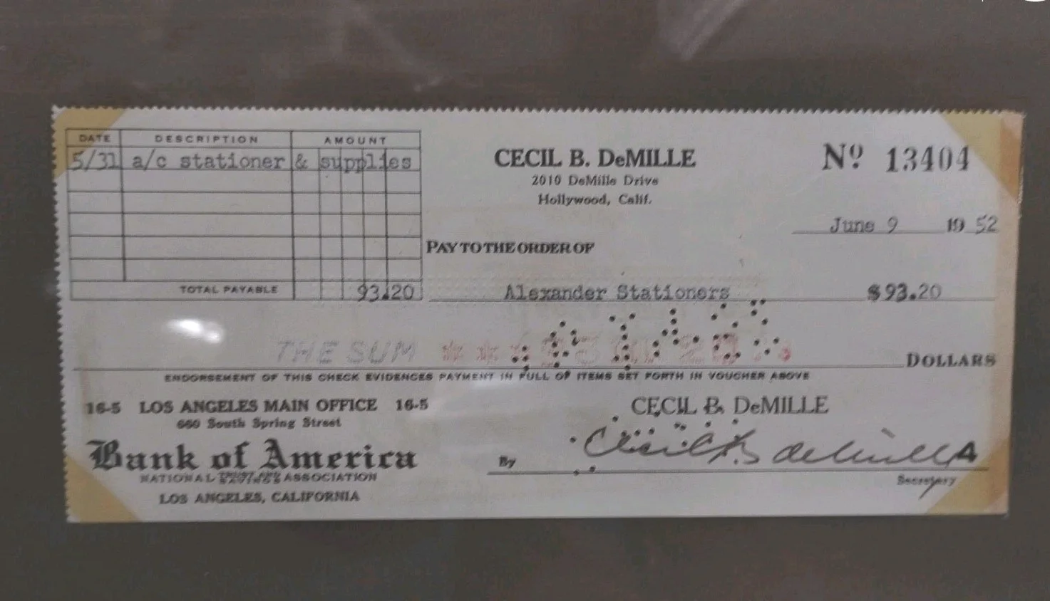 Cecil B. DeMille — Cecil B. DeMille (d. 1959) Signed Autographed Vintage Signature check Framed, image 3