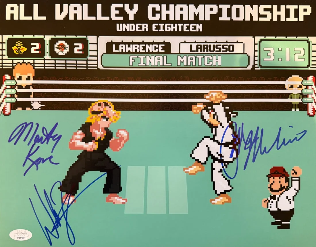 Ralph Macchio, Billy Zabka & Martin Kove — Ralph Macchio Billy Zabka Martin Kove Signed 11x14 Photo Karate Kid Beckett COA