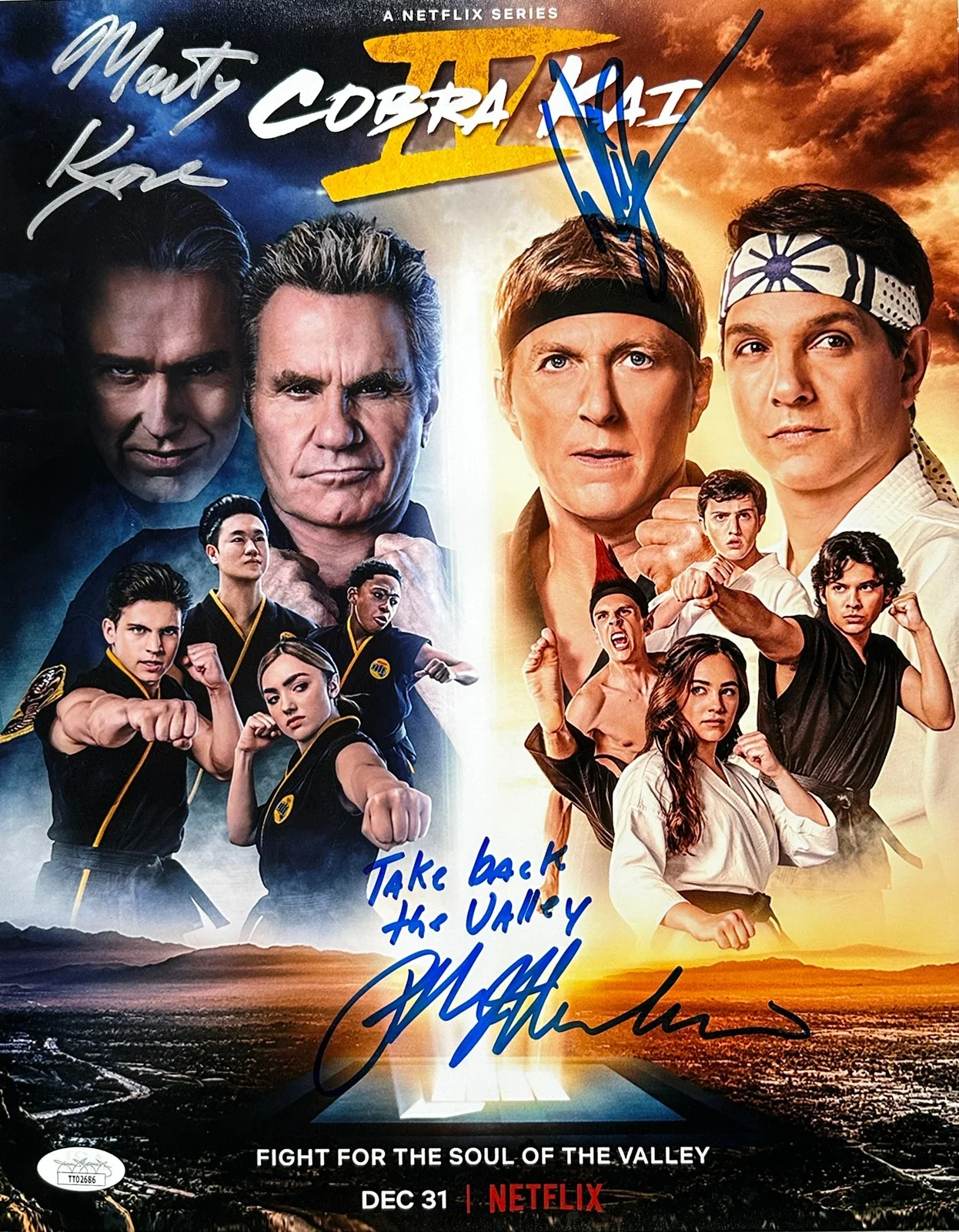 Ralph Macchio, Billy Zabka & Martin Kove — Macchio, Zabka, Kove Signed 11x14 "Take back the valley" JSA COA Private Signing