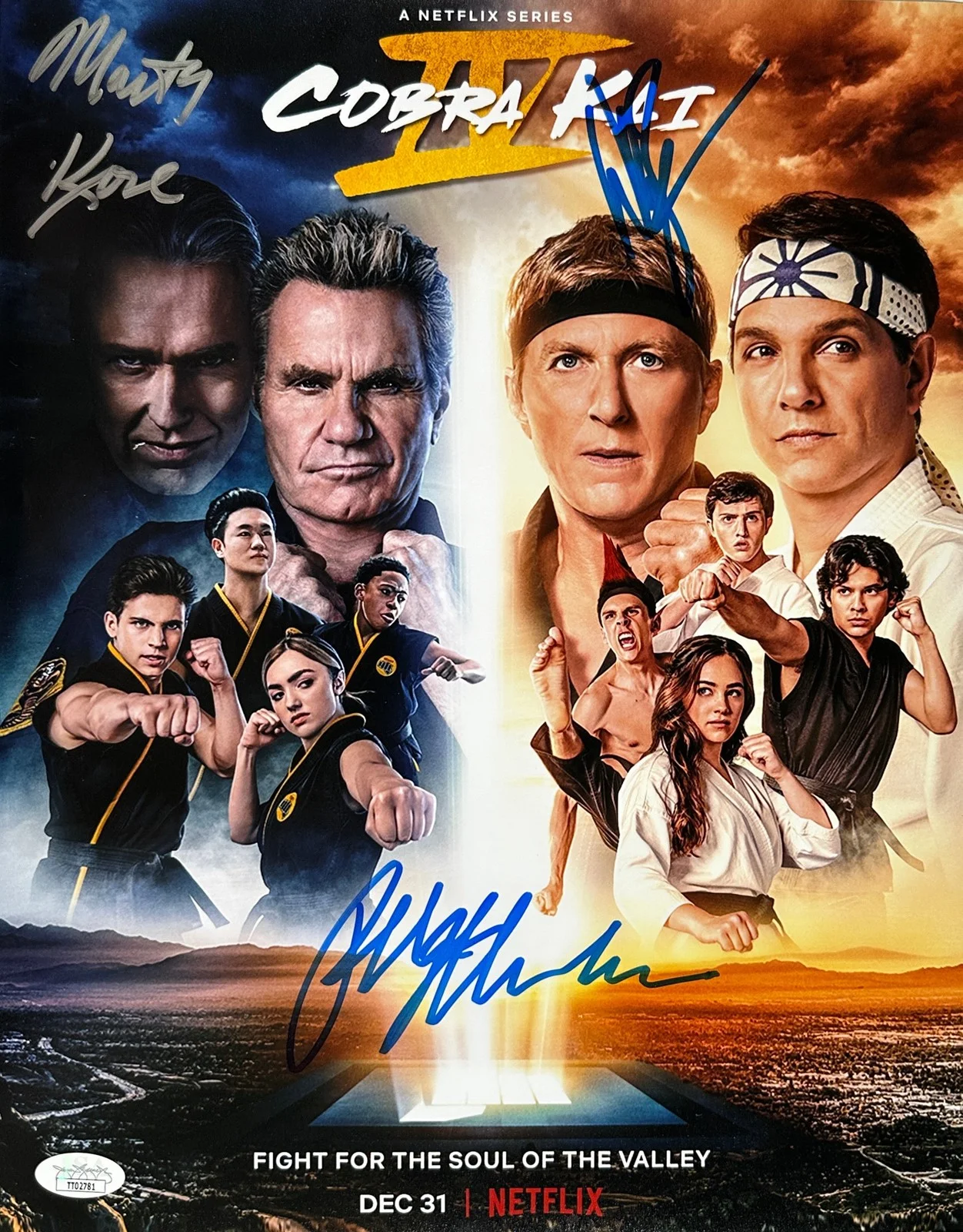 Ralph Macchio, Billy Zabka & Martin Kove — Ralph Macchio Billy Zabka Martin Kove Signed 11x14 Cobra Kai Poster JSA