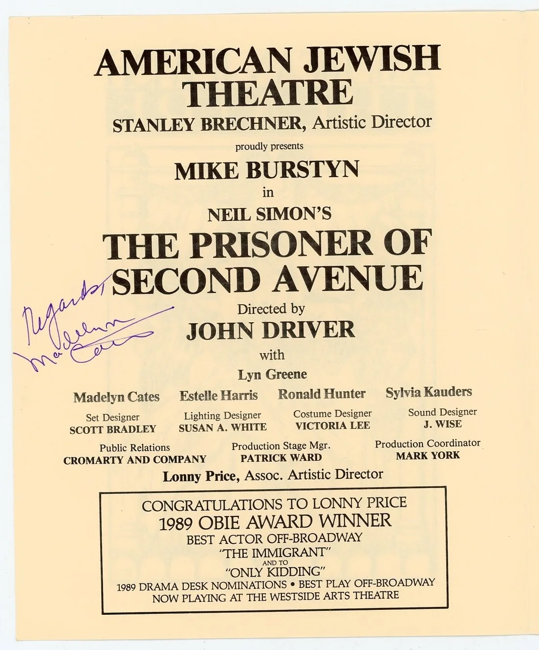 Madelyn Cates — Madelyn Cates - Signed American Jewish Theatre Program Cover Page, image 2