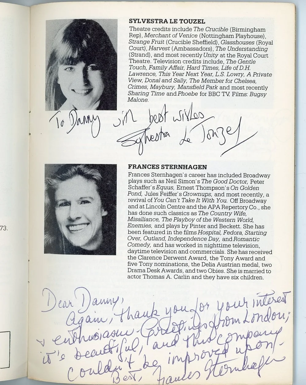 Sylvestra Le Touzel, Frances Sternhagen, David Threlfall, Tim — Frances Sternhagen w/ 3 Cosigners - Signed Hampstead Theatre Program War at Home, image 2
