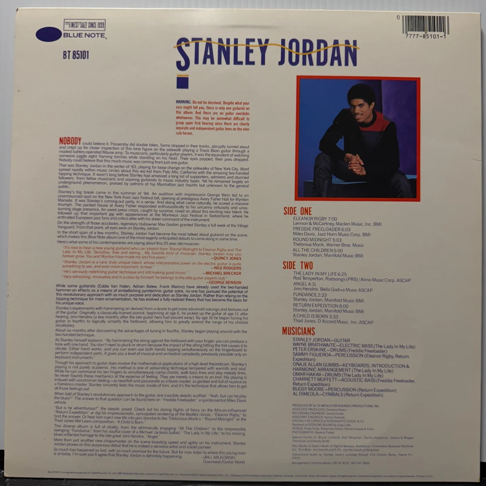 STANLEY JORDAN "Magic Touch" AUTOGRAPHED TO MIRO in ballpoint USA vinyl album NM, изображение 3
