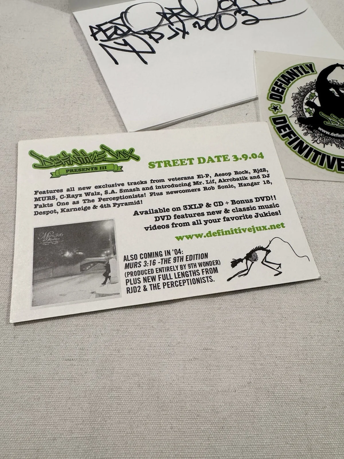 Aesop Rock Signed Note Pad From 2003 And Two Definitive Jux Stickers Hip Hop, image 5