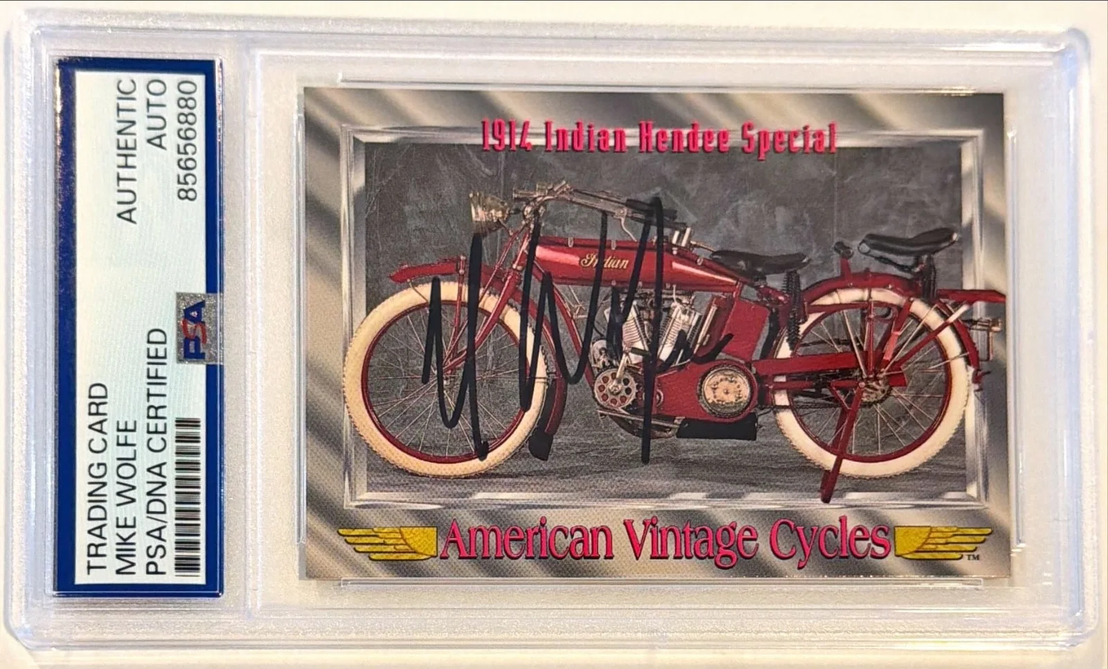 Mike Wolfe — 1992 Champs Mike Wolfe American Pickers Indian Bike Signed Auto Card #8 PSA DNA