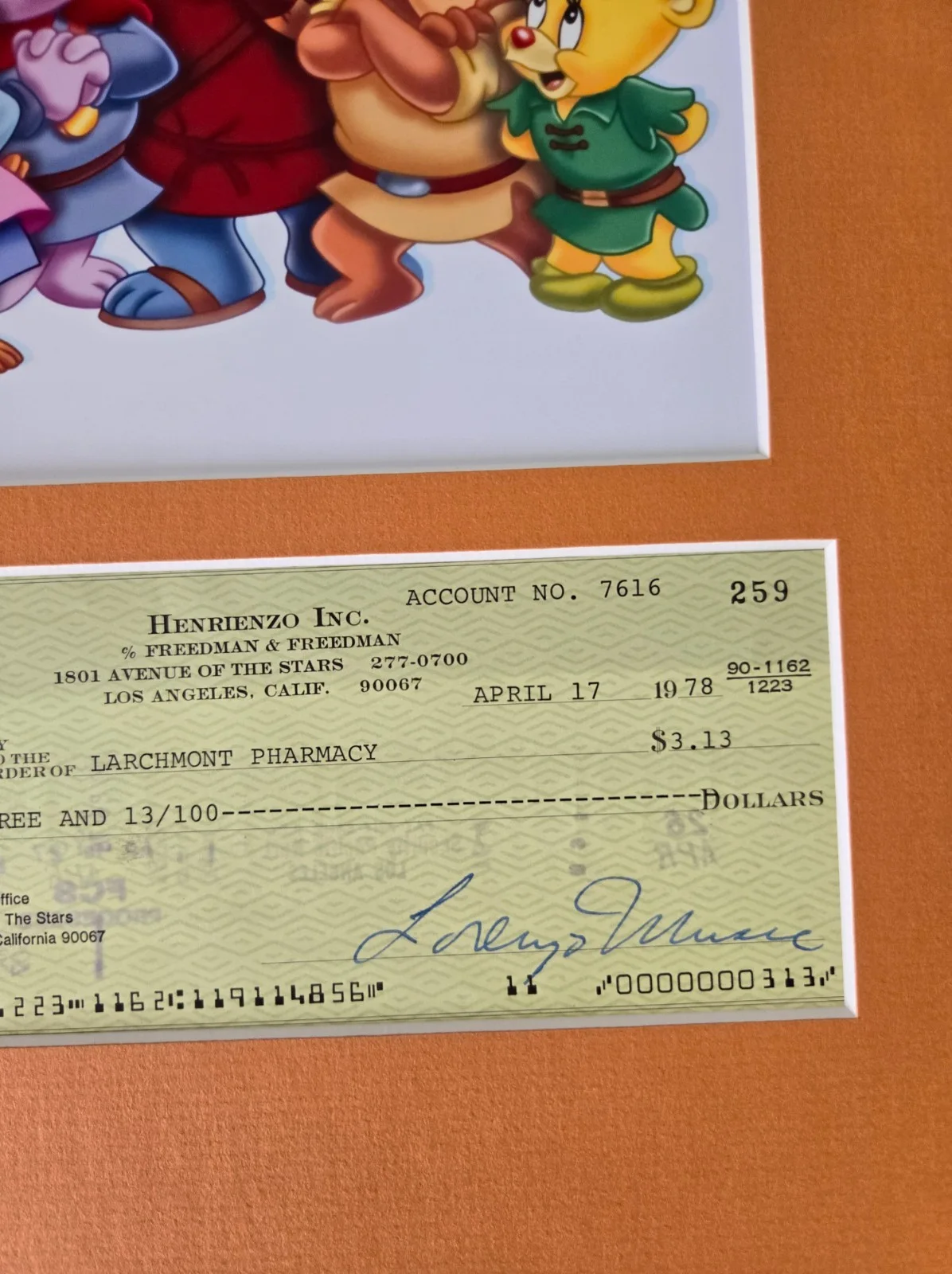 Gummi Bears Lorenzo Music Signed Check and Photo Display Framed 12x18, image 2