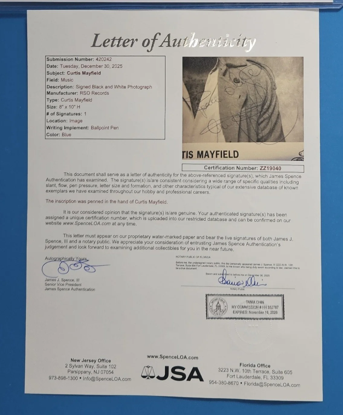 CURTIS MAYFIELD SIGNED ORIGINAL VINTAGE 8"X10" PROMO PHOTO WITH JSA LOA psa bas, image 4