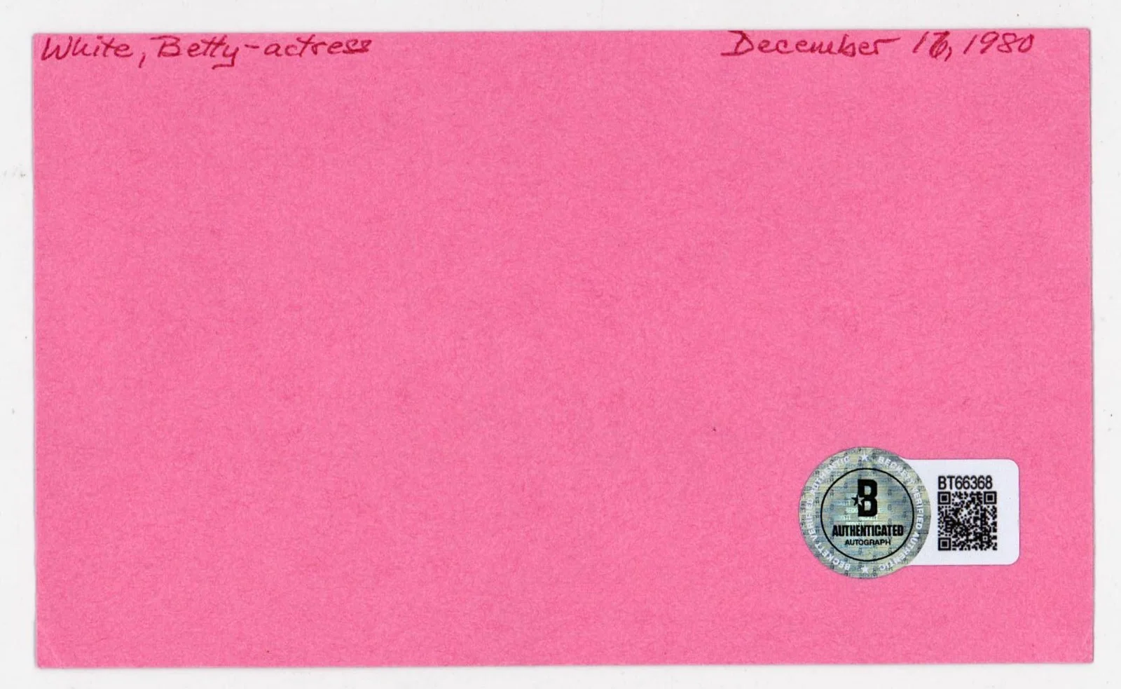 Betty White Signed 3x5 Index Card Note Card Beckett BAS, image 2