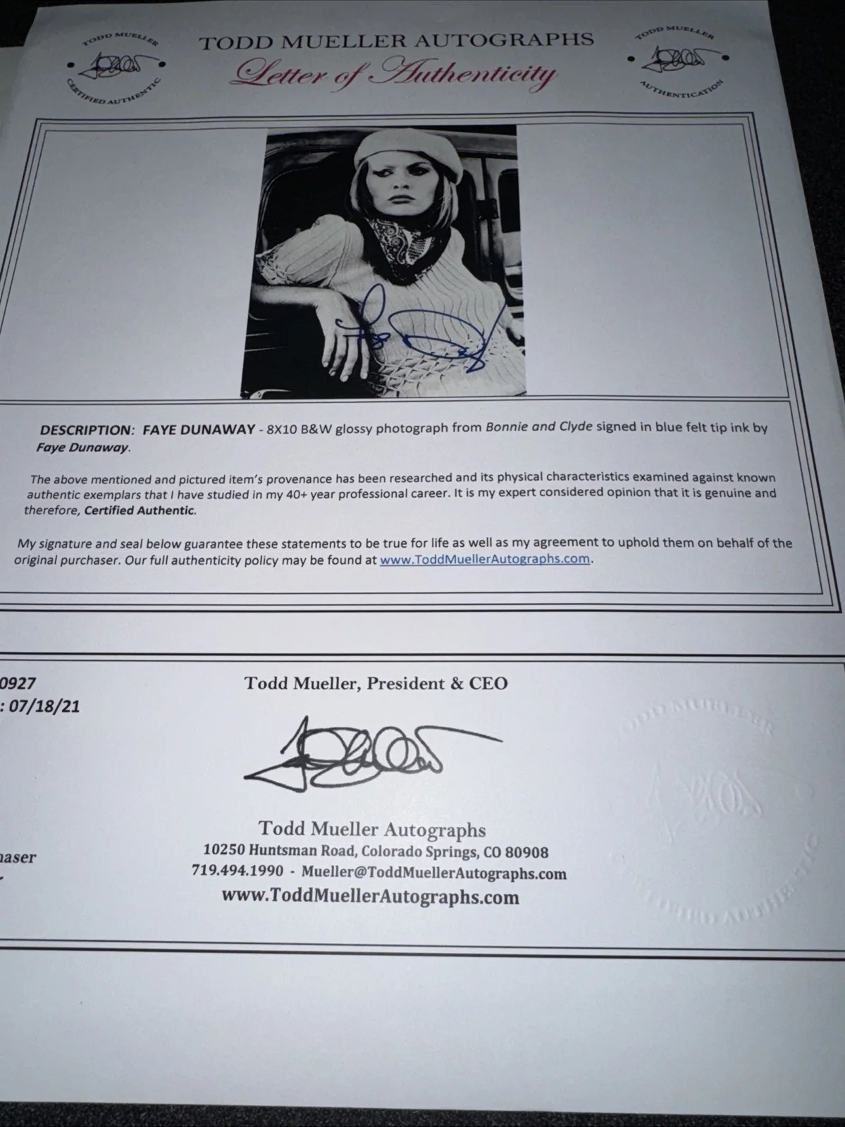 Faye Dunaway — Faye Dunaway Autographed Signed 8x10 Photograph Todd Mueller Letter Of Authentic, изображение 4