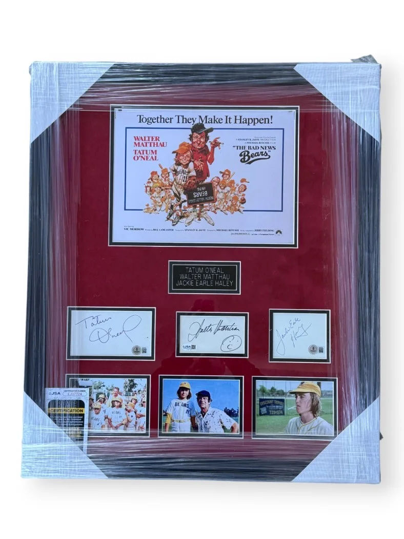 Tatum O'Neal, Walter Matthau, Jackie Earle Haley — The Bad News Bears Signed Cast Cuts Tatum O'Neal Walter Matthau +1 Framed BAS