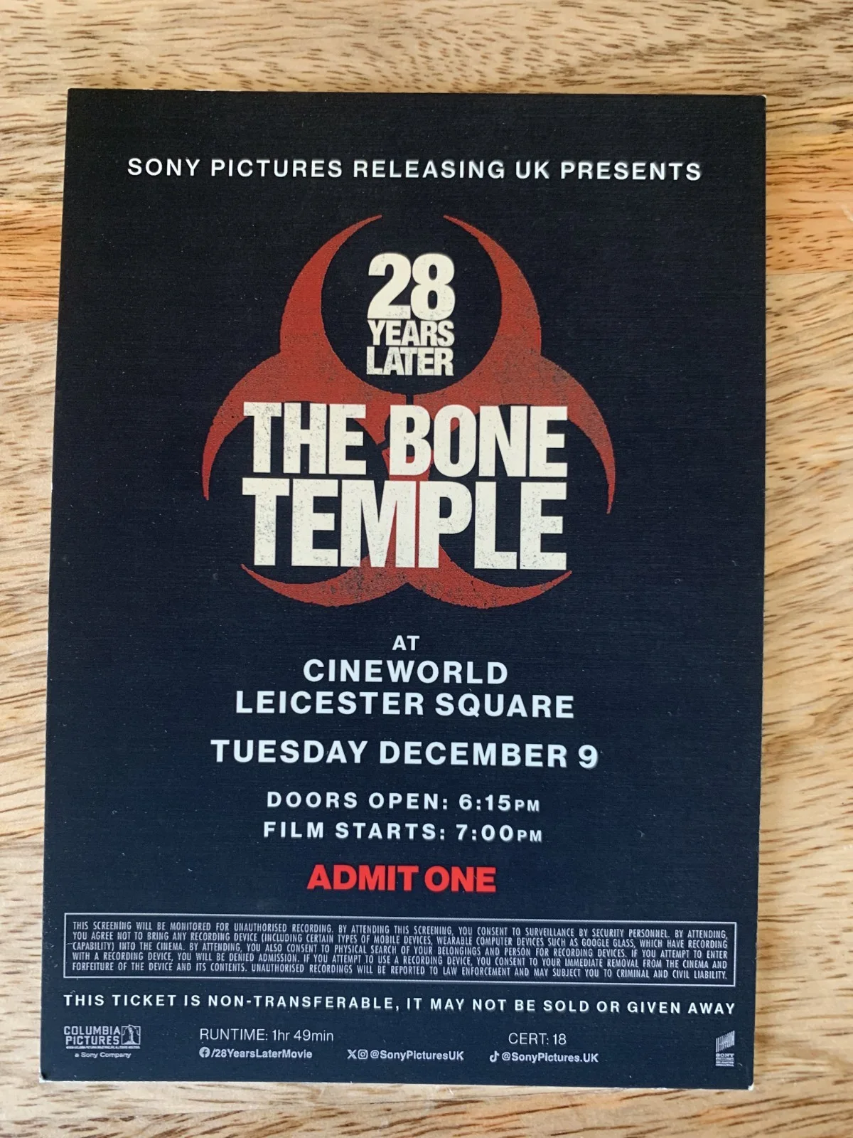 28 Years Later: The Bone Temple premiere screening ticket – rare, collectable, image 2