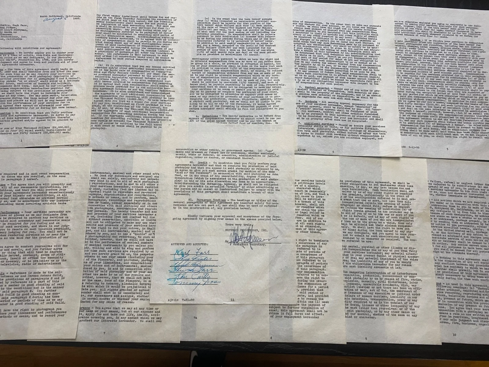 Ken Curtis Karl Farr — 1950 Signed Sons of the Pioneers Contract for "RIO BRAVO" Ken Curtis, Farr, Etc!