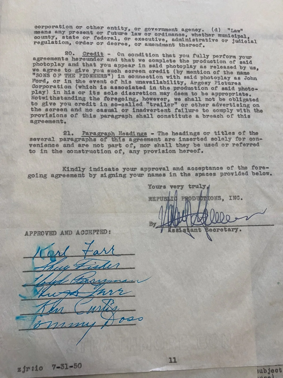 Ken Curtis Karl Farr — 1950 Signed Sons of the Pioneers Contract for "RIO BRAVO" Ken Curtis, Farr, Etc!, изображение 2