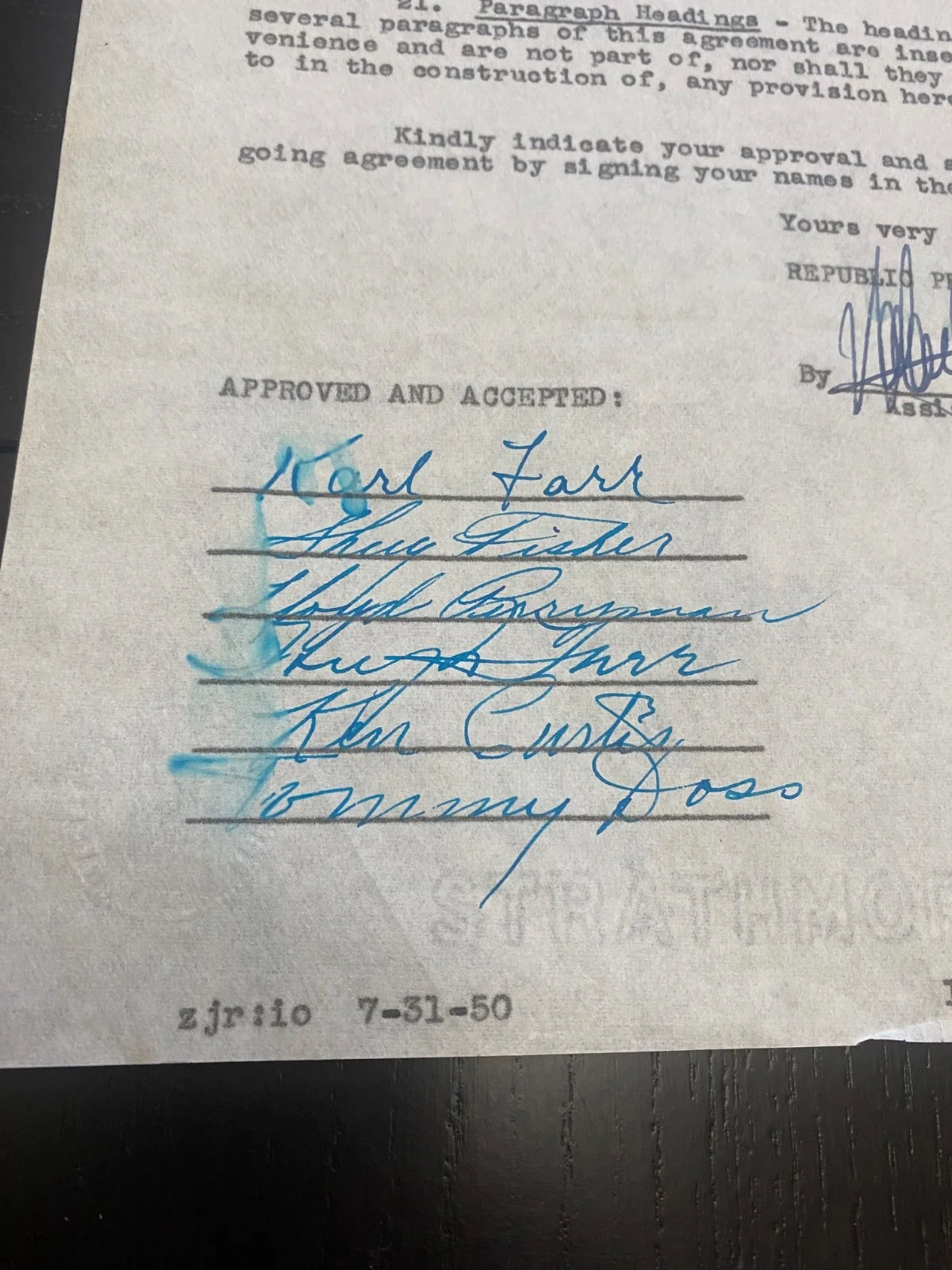 Ken Curtis Karl Farr — 1950 Signed Sons of the Pioneers Contract for "RIO BRAVO" Ken Curtis, Farr, Etc!, изображение 3