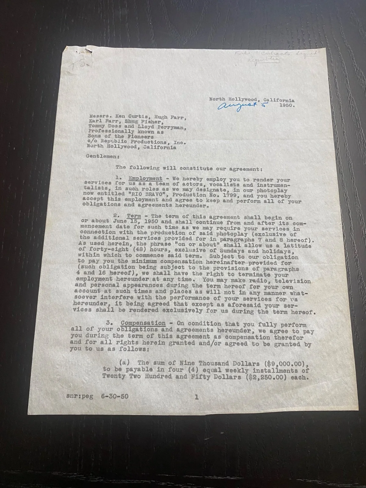 Ken Curtis Karl Farr — 1950 Signed Sons of the Pioneers Contract for "RIO BRAVO" Ken Curtis, Farr, Etc!, изображение 4