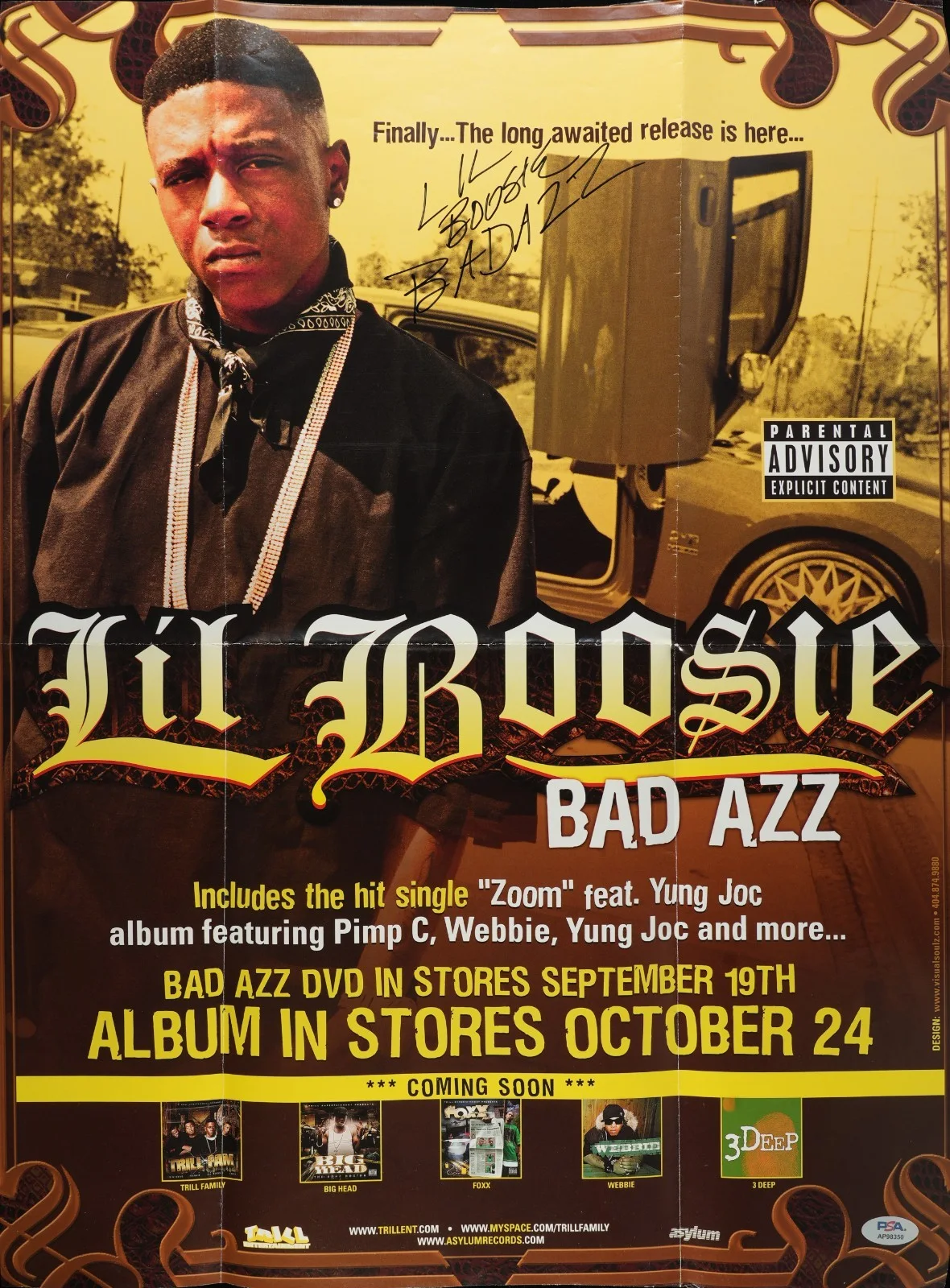 Lil Boosie — LIL BOOSIE BADAZZ SIGNED AUTOGRAPHED POSTER ZOOM WIPE ME DOWN FULL NAME RARE PSA
