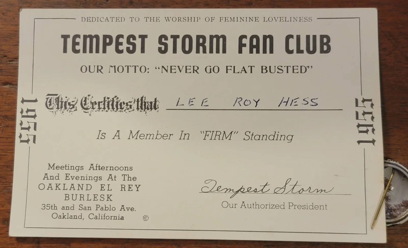 Tempest Storm Strip Sexy Busty Fan Club Card + PIN PINBACK 1950's Burlesque STAR, изображение 3