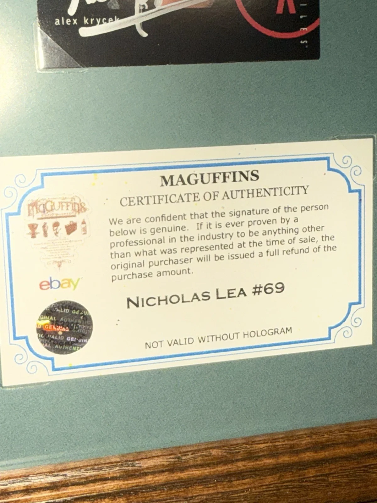 Nicholas Lea #69 Signed Autographed Framed Certificate of Authenticity, image 3