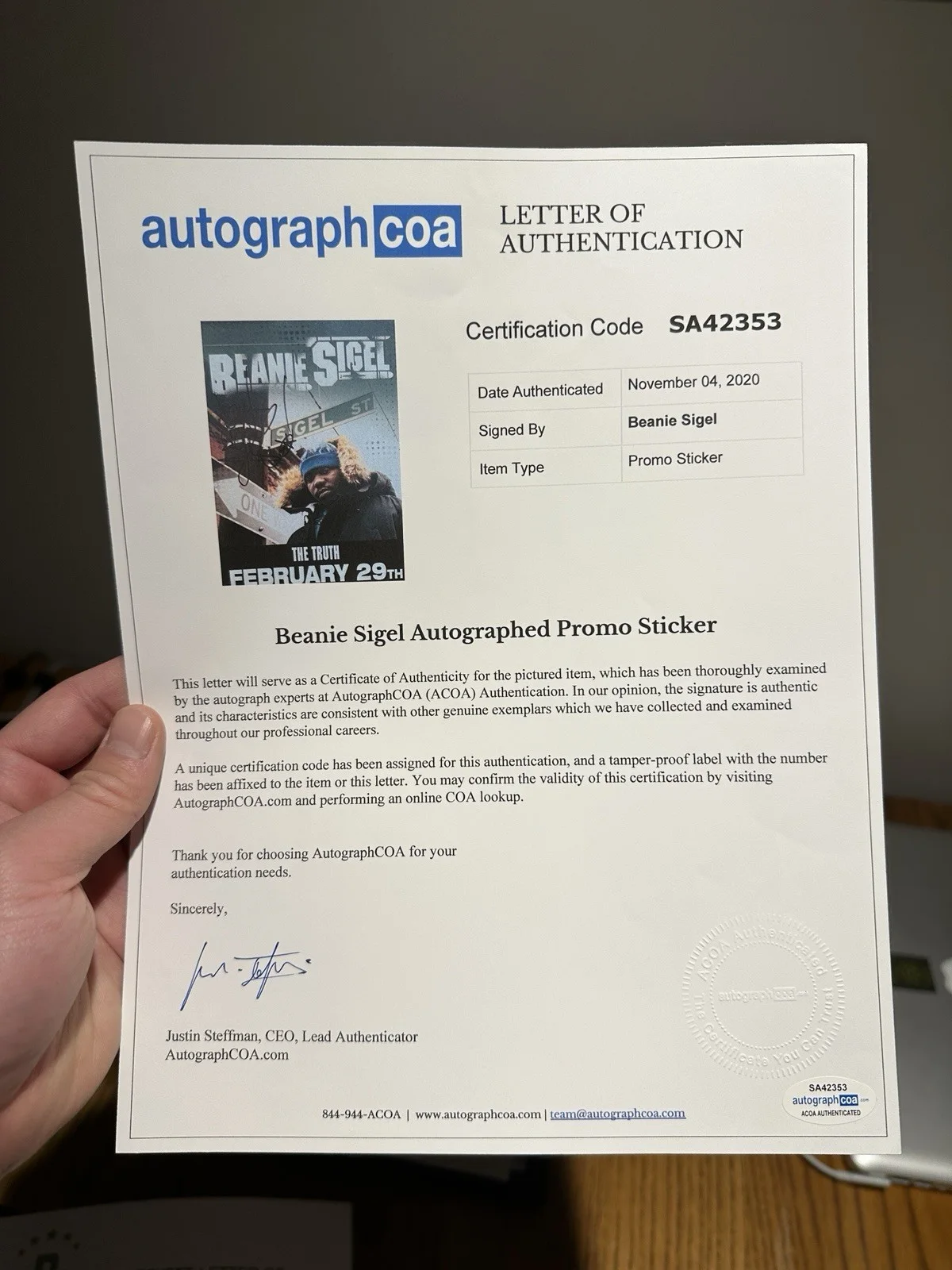 Beanie Sigel Autograph Signed 8.5 x 11 Promo Sticker Beckett ACOA Jay-Z Kanye, image 3