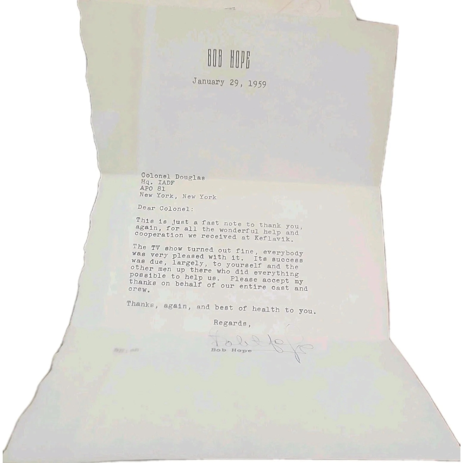 Bob Hope — Bob Hope Signed Letter to Colonel Douglas with Envelope 1959 Original, image 3