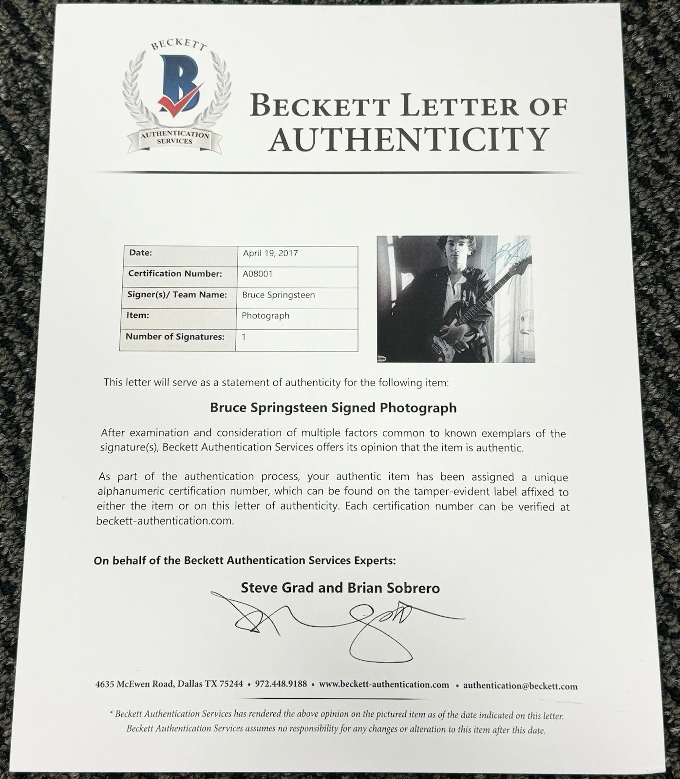 Bruce Springsteen Signed Autograph Autographed Auto 11x14 Photo Beckett BAS LOA, изображение 3