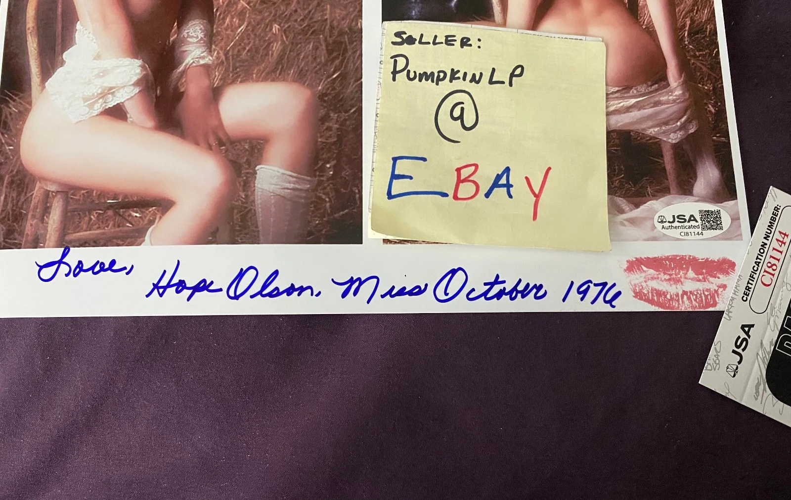 HOPE OLSEN — Hope Olsen Playboy Playmate 1976 Signed 8X10 Photo W/KISS Lip Mark JSA COA, изображение 3