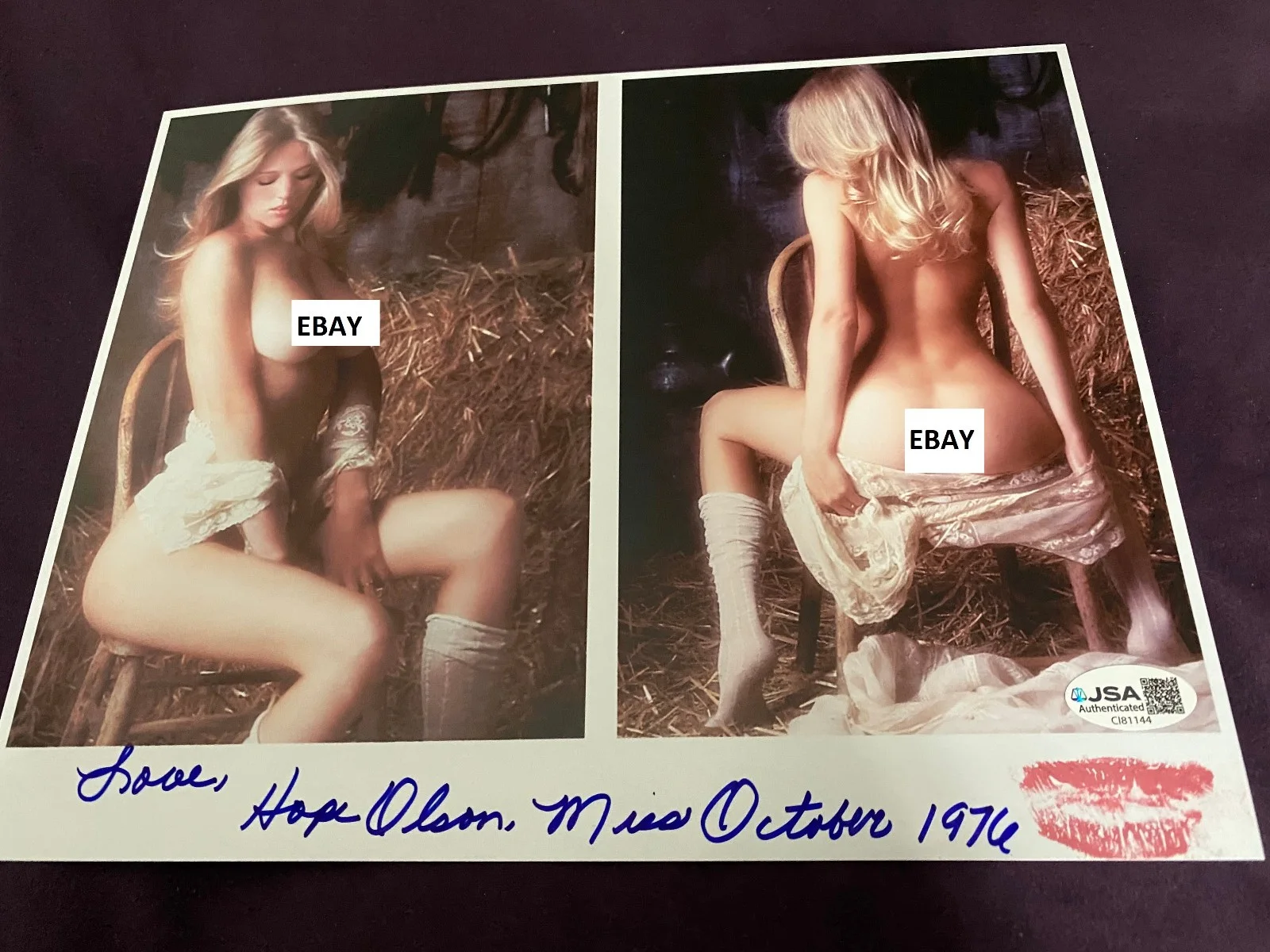 HOPE OLSEN — Hope Olsen Playboy Playmate 1976 Signed 8X10 Photo W/KISS Lip Mark JSA COA, изображение 4
