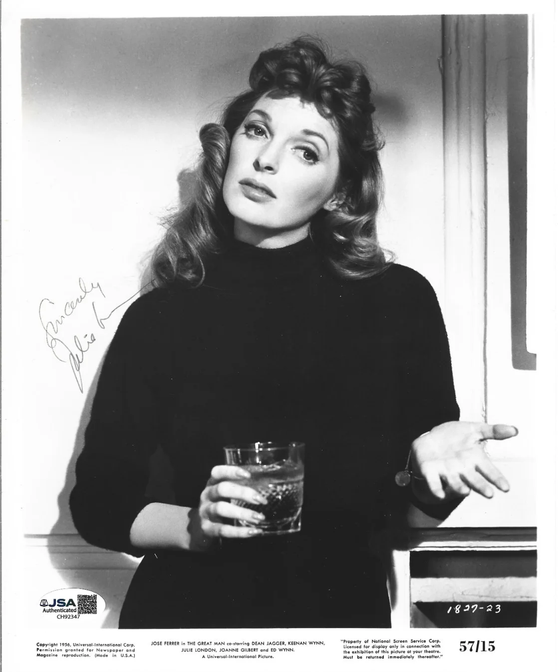 Julie London — Julie London REAL hand SIGNED 1956 The Great Man Promo Photo JSA COA Autographed