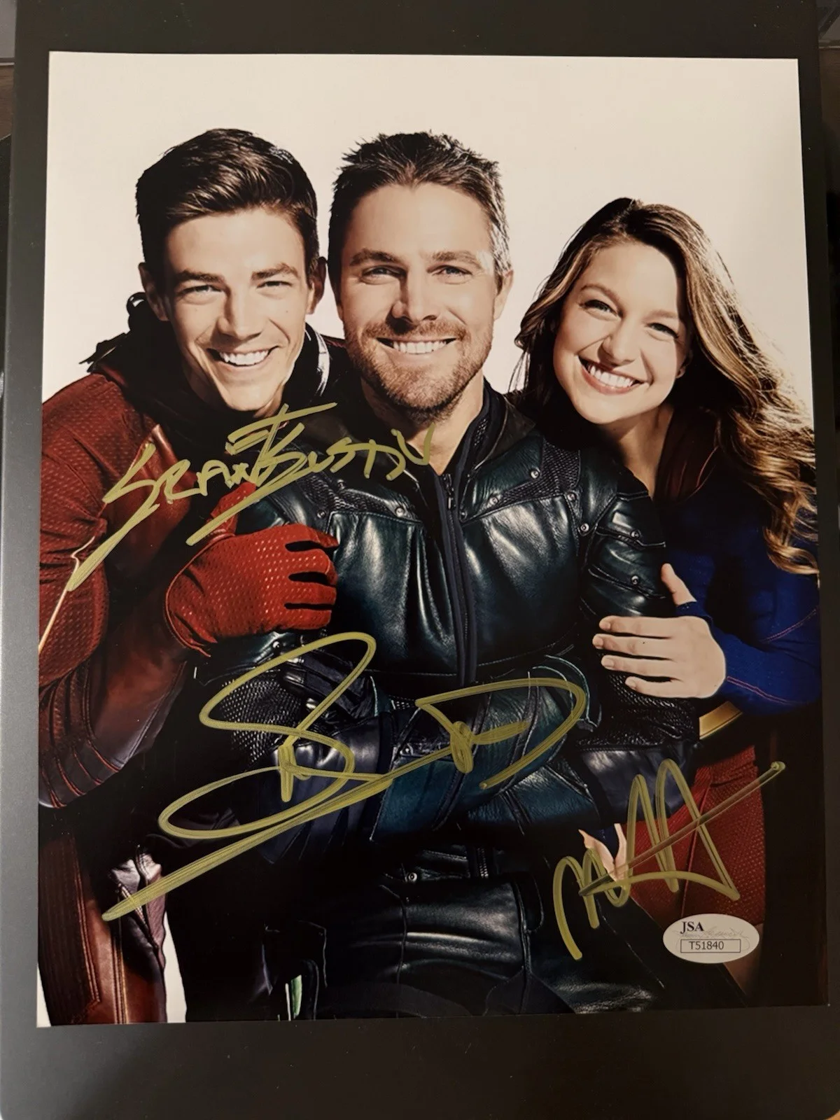Melissa Benoist, Grant Gustin, Stephen Amell — Grant Gustin Stephen Amell Melissa Benoist Autographed Signed 8x10 JSA Authentic