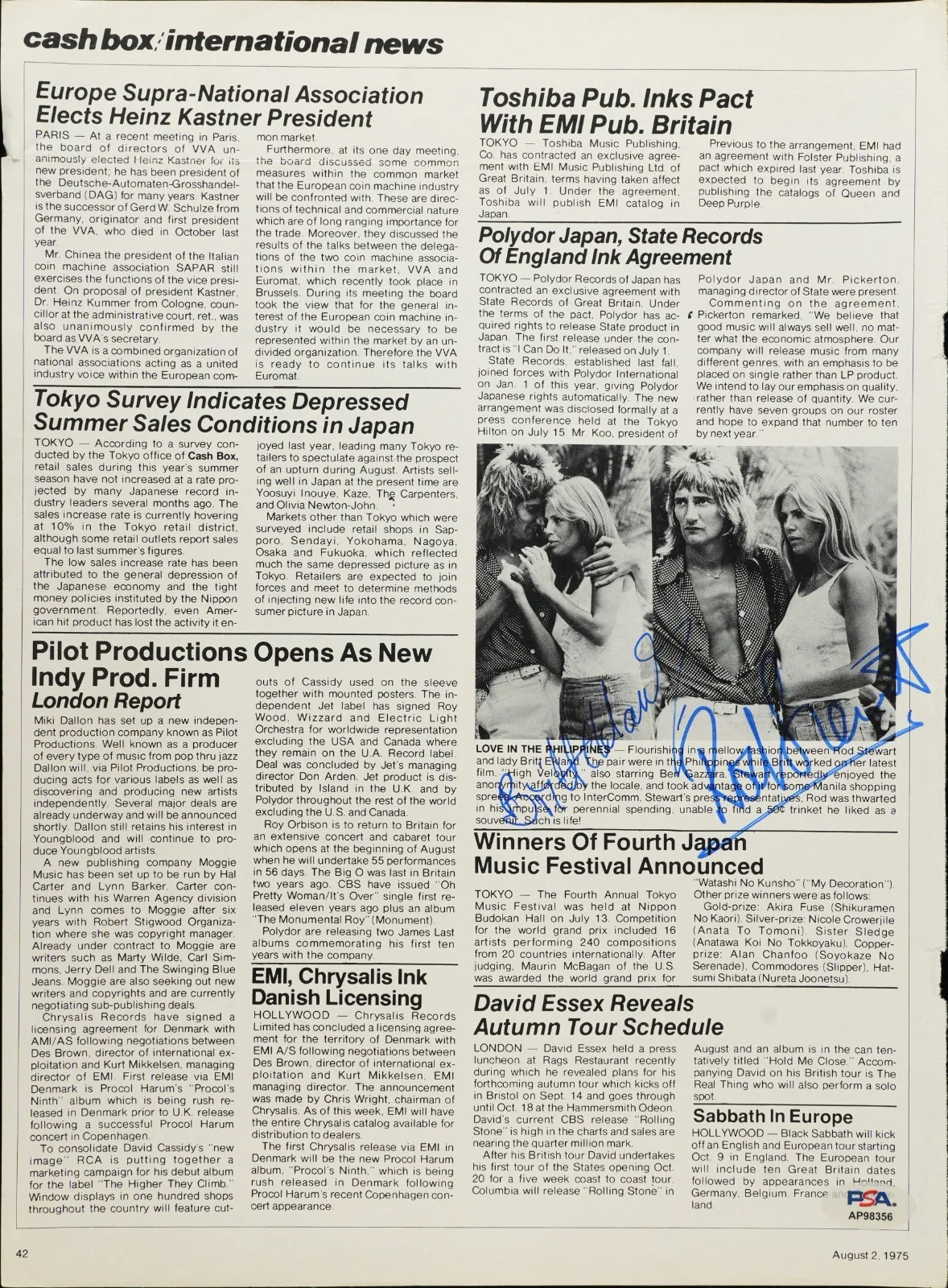 Rod Stewart & Britt Ekland — ROD STEWART BRITT EKLAND SIGNED AUTOGRAPHED 11X14 MAGAZINE PAGE CASH BOX PSA COA