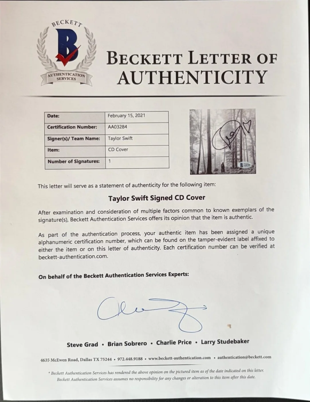 Taylor Swift — TAYLOR SWIFT SIGNED AUTOGRAPHED CD COVER FOLKLORE SHAKE IT OFF BECKETT HEART, image 4