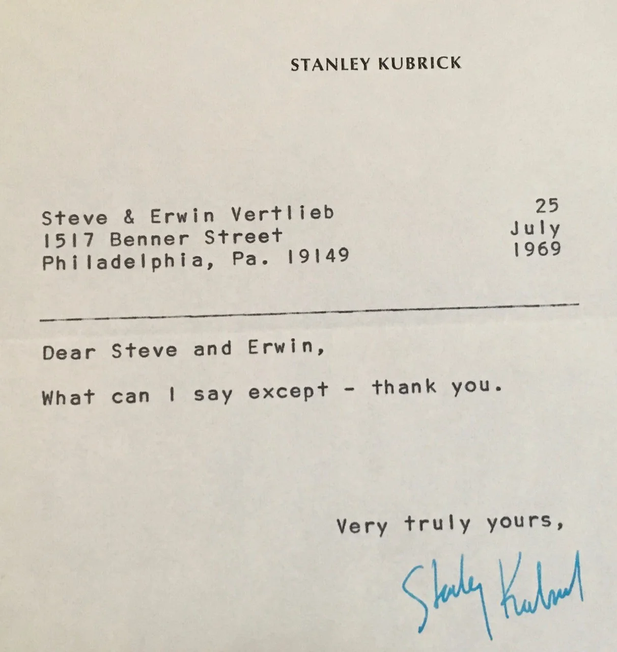 Stanley Kubrick — WOW! STANLEY KUBRICK 7/25/69 ORIGINAL HAND-SIGNED/TYPED LETTER ON HIS LETTERHEAD, image 2