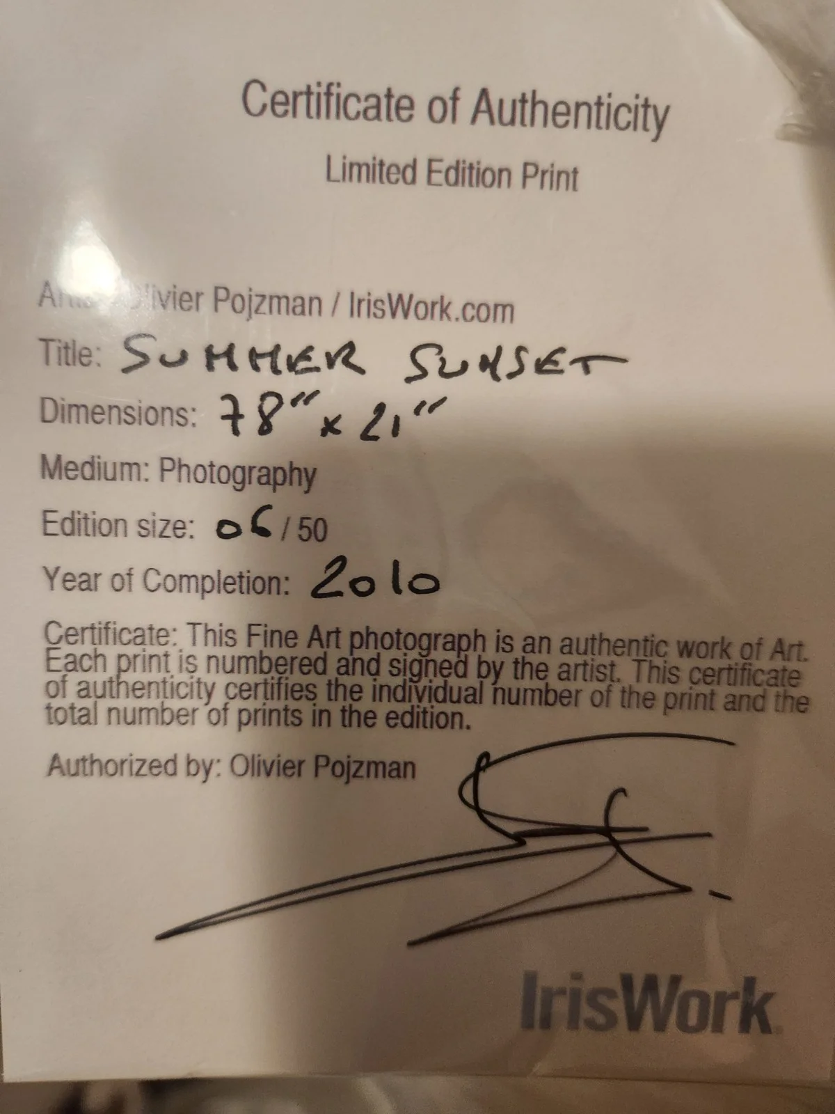 Summer Sunset 78” x 21” w/ COA by Celebrity Photographer Olivier Pojzman, изображение 5