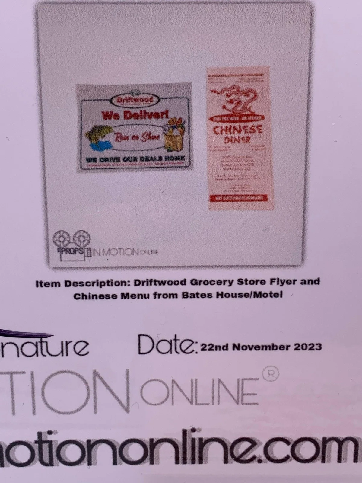 Authentic Bates Motel TV Prop: Driftwood Grocery Flyer + Chinese Menu w/ COA, изображение 2