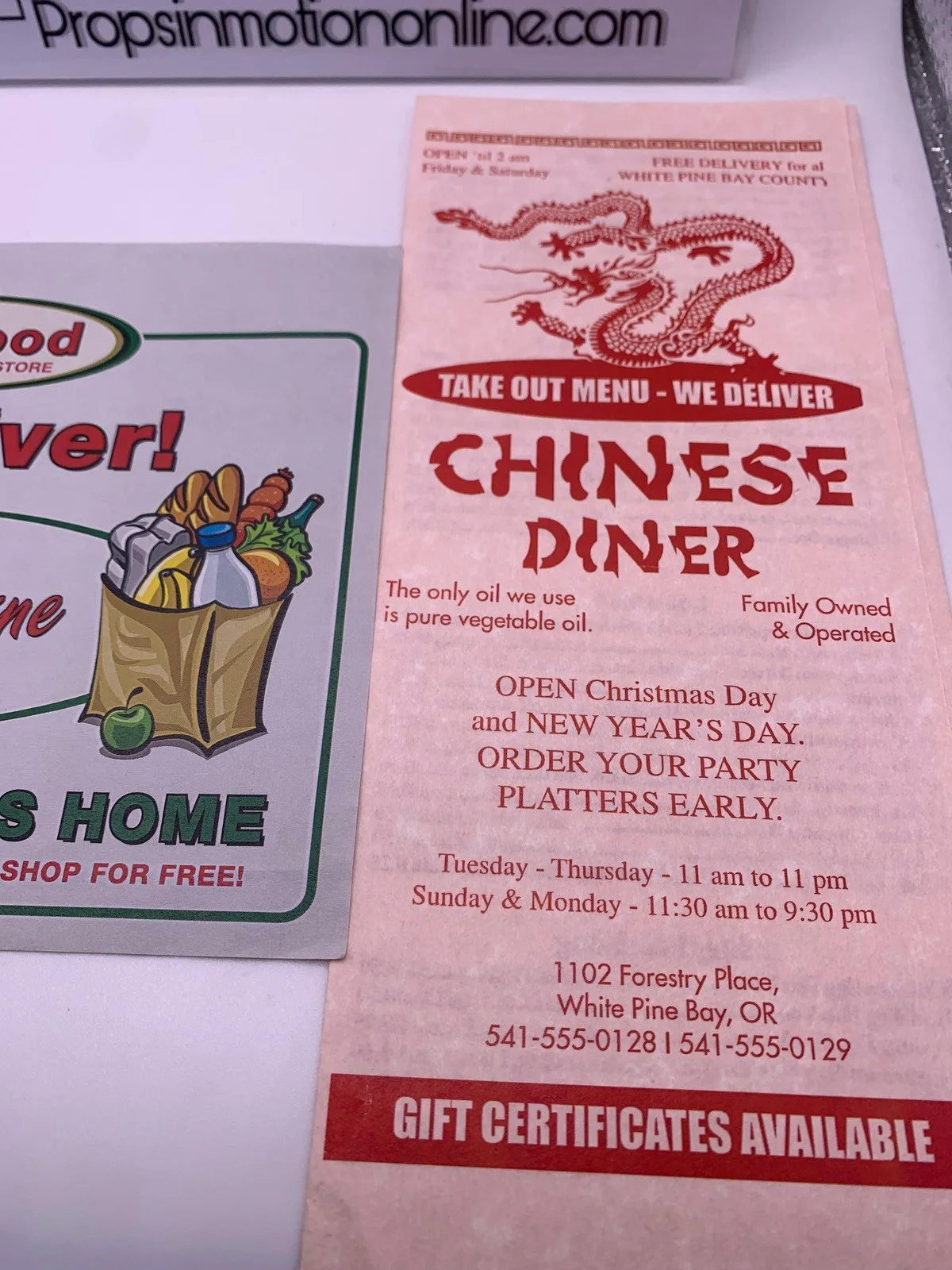 Authentic Bates Motel TV Prop: Driftwood Grocery Flyer + Chinese Menu w/ COA, изображение 3