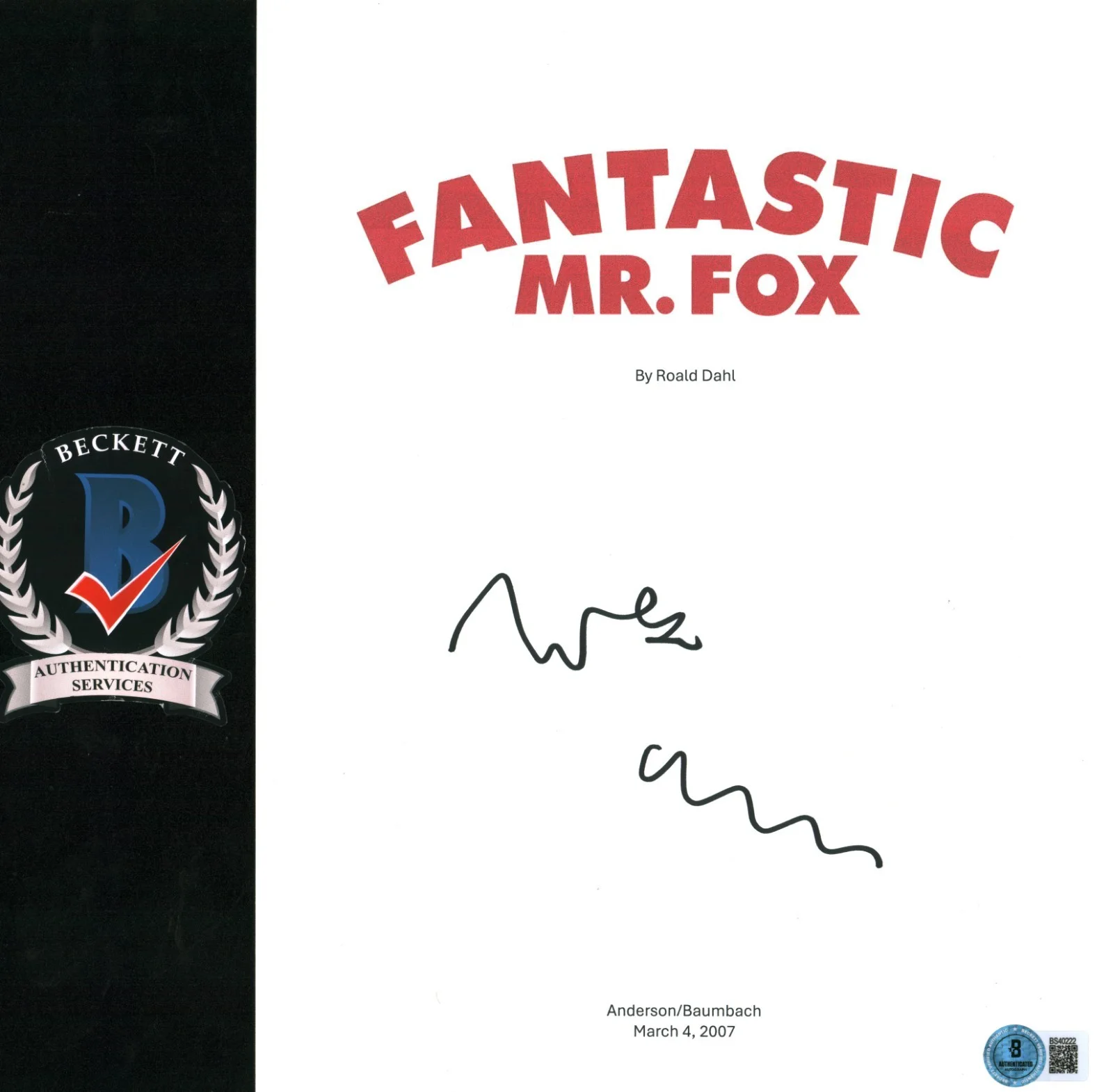 Wes Anderson — Wes Anderson Signed Autograph Fantastic Mr. Fox Full Movie Script BAS COA