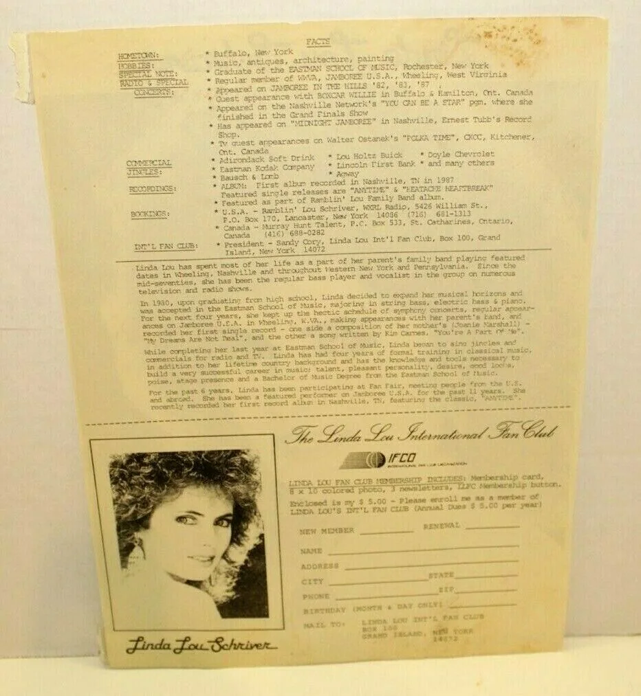 Vintage Linda Lou Schriver Signed Press Release Photo Fan Club Flyer Country, изображение 2