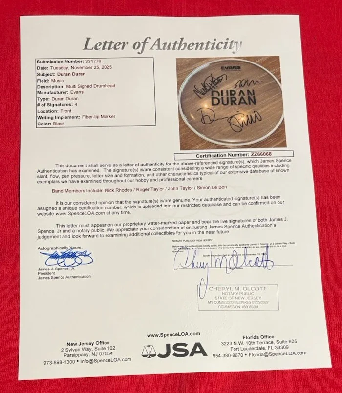 Duran Duran Band Simon Le Bon John Roger Nick 12” Drumhead Autographed JSA, image 2