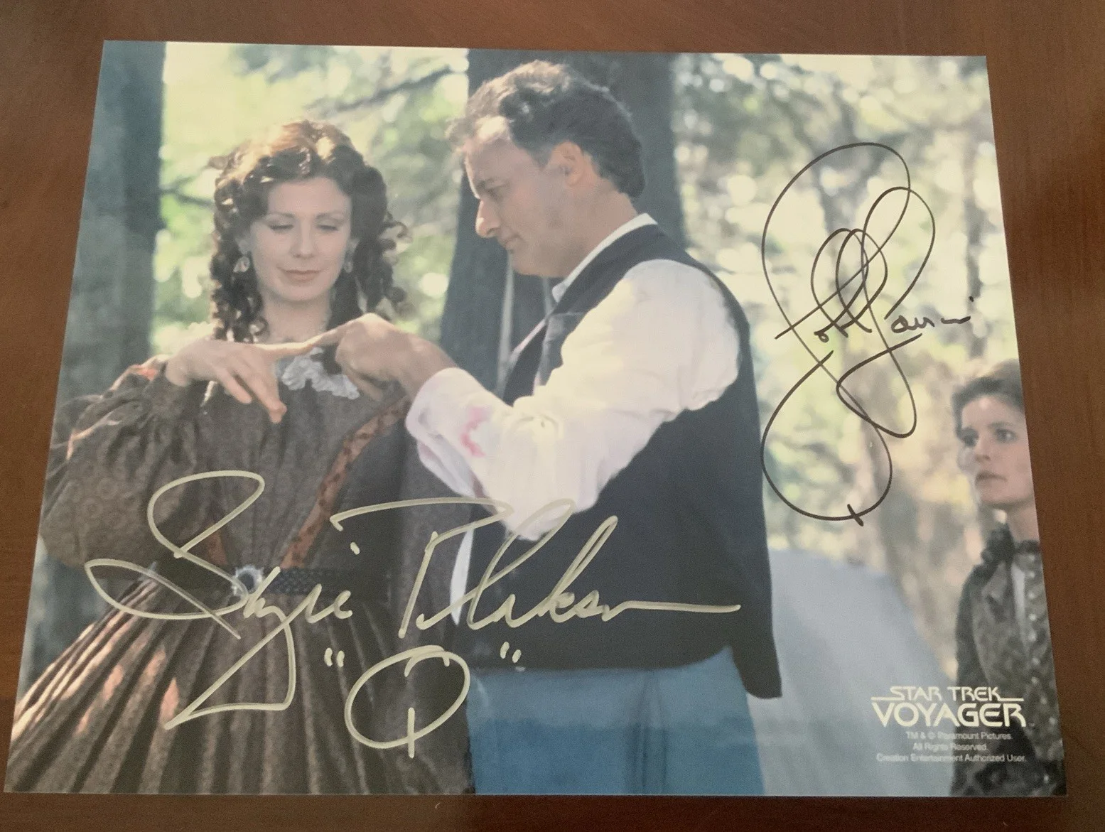 John De Lancie — Suzie Plakson -John de Lancie signed Star Trek Voyager THE Q AND THE GREY