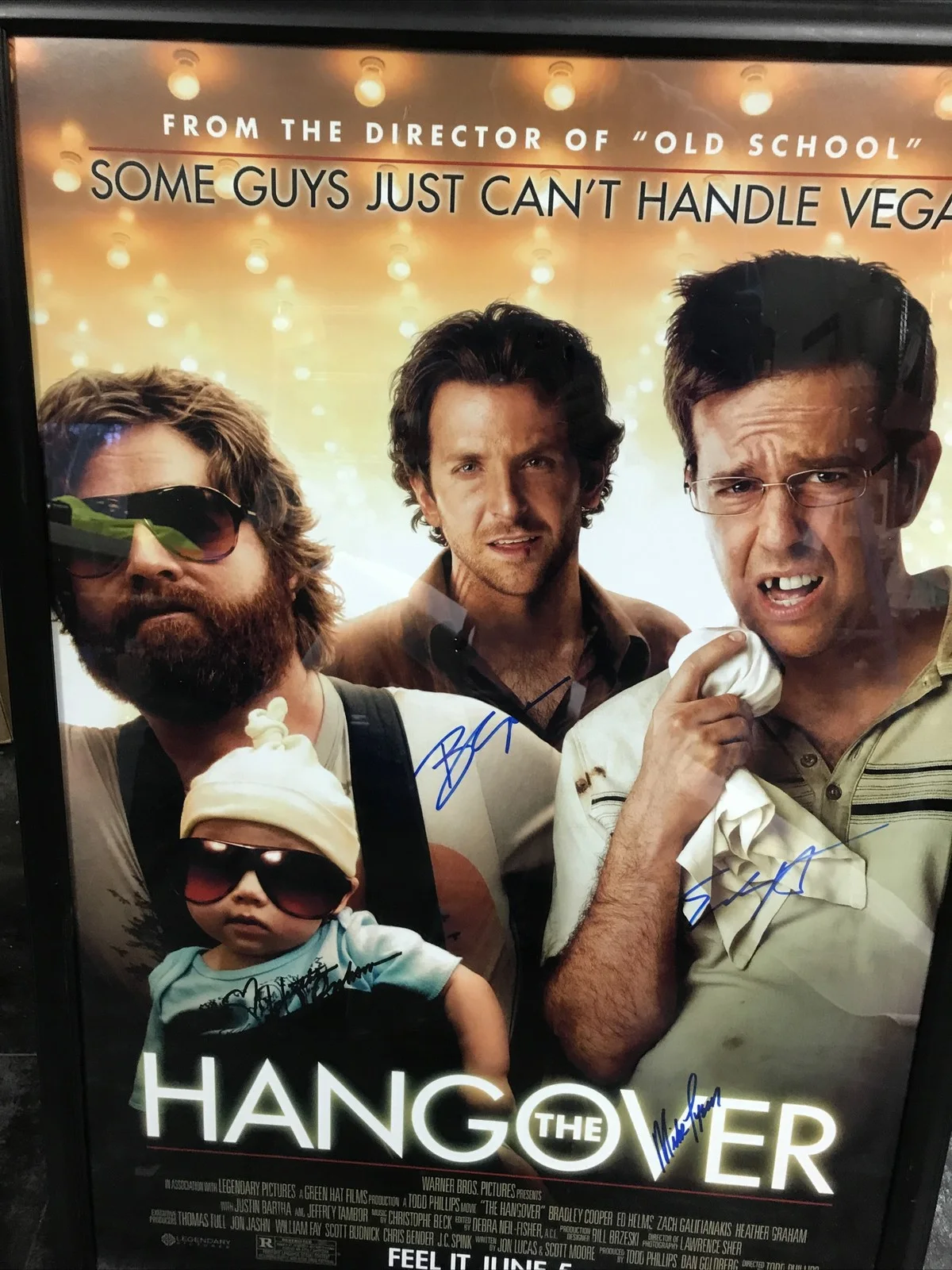 Bradley Cooper, Zach Galifianakis, Ed Helms — THE HANGOVER MOVIE POSTER 31” x 22”Autographed SIGNED by 4 NO FRAME