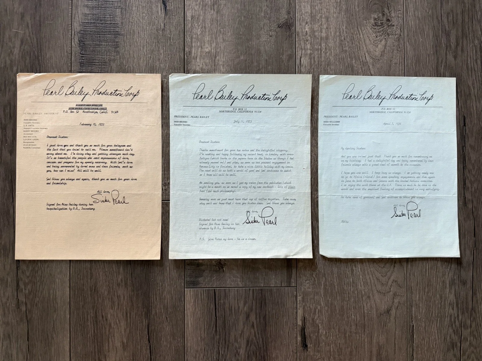Pearl Bailey — LOT OF 3 Pearl Bailey Typed Signed Letters /Secretarial Signature 1972-1973-1976