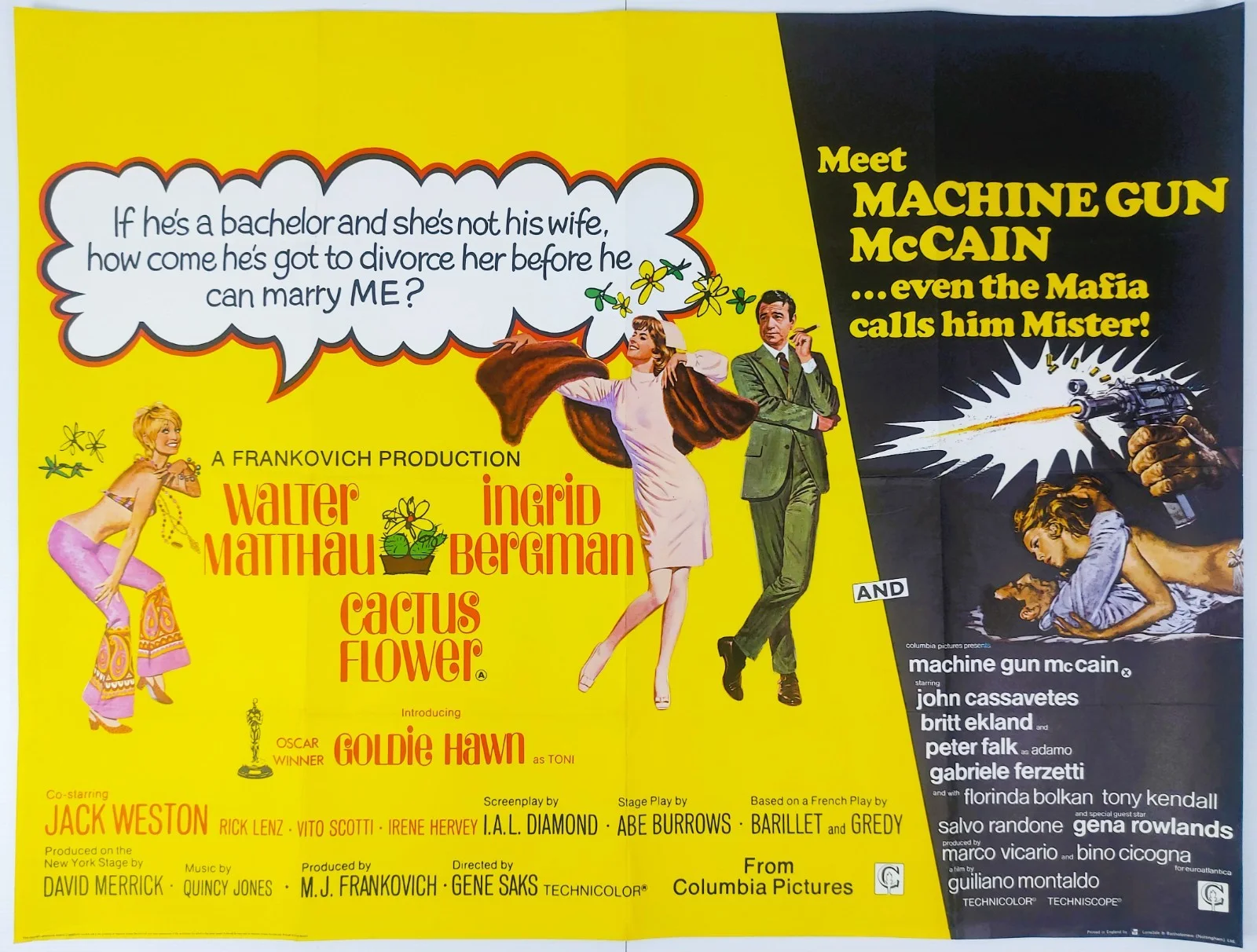 CACTUS FLOWER / MACHINE GUN McCAIN ORIGINAL UK QUAD DB FILM POSTER 1969, изображение 2