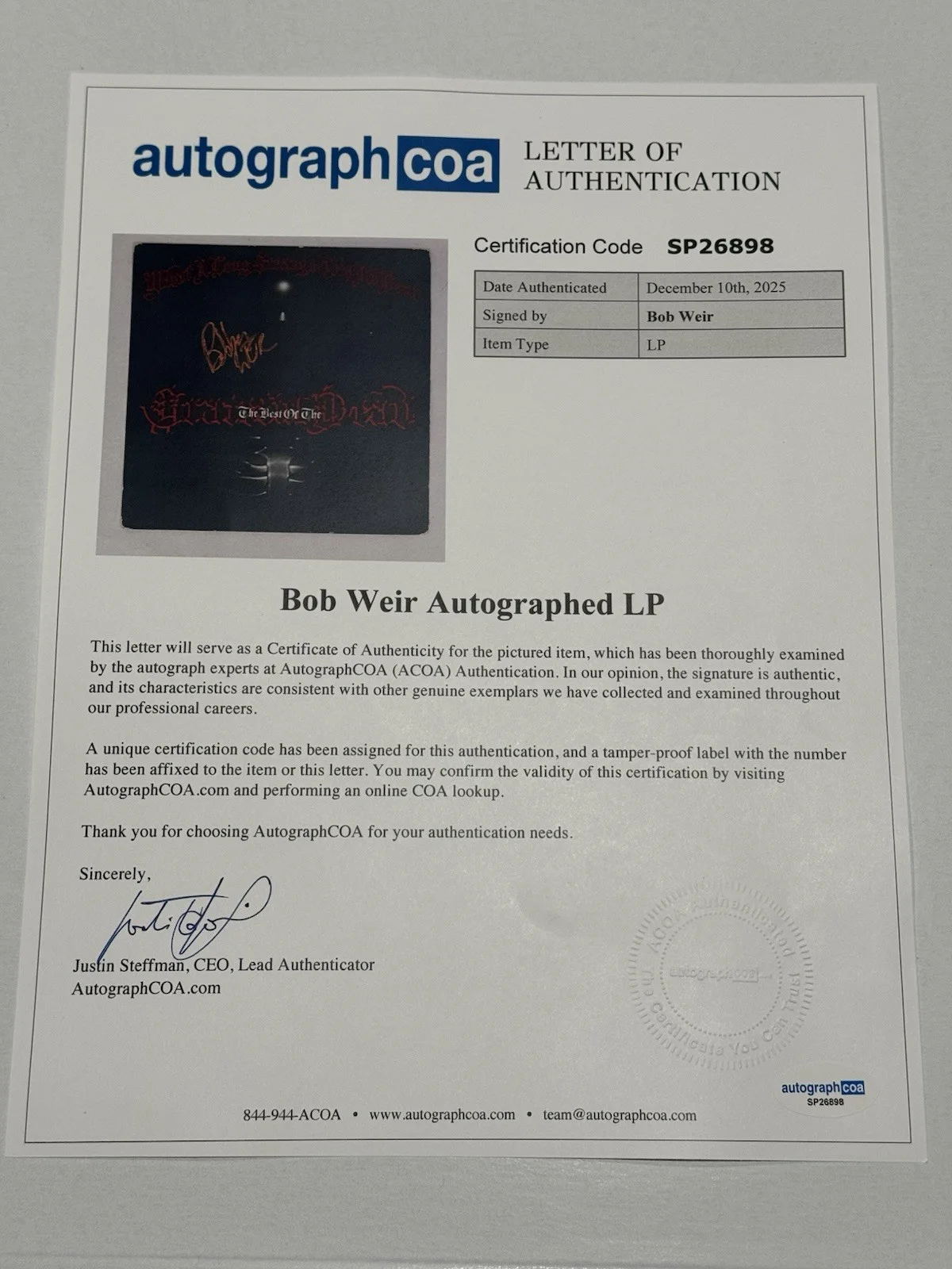 Bob Weir Signed Grateful Dead What a Long Strange Trip It's Been Vinyl LP ACOA, изображение 4