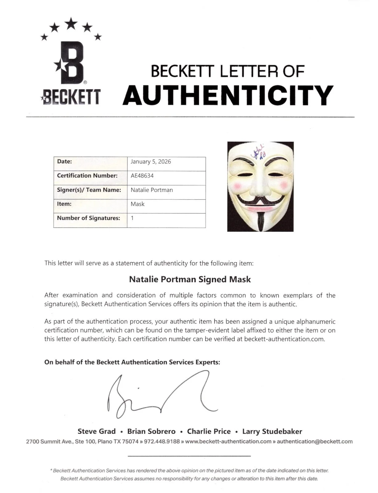 Natalie Portman — Natalie Portman Signed V for Vendetta Mask Authentic Autograph Beckett LOA, image 4