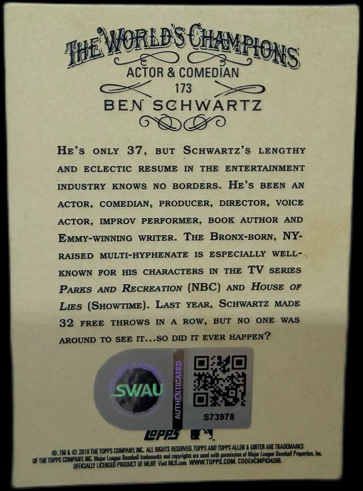 ben schwartz — Ben Schwartz Signed 2019 Topps Allen & Ginter Card #173 SWAU, image 2