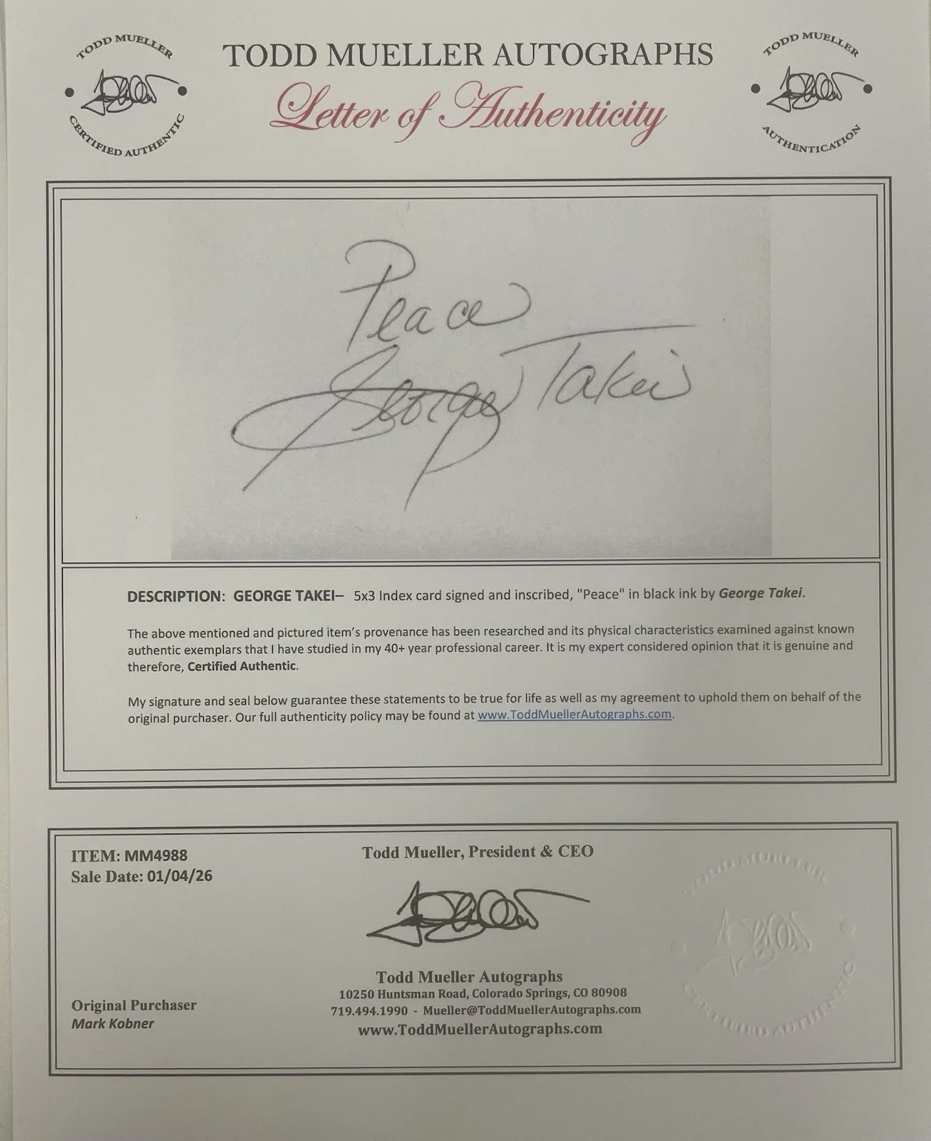 George Tekei — George Takei “Star Trek” Signed Card With Inscription “Peace” W/ COA & JSA cert, изображение 2