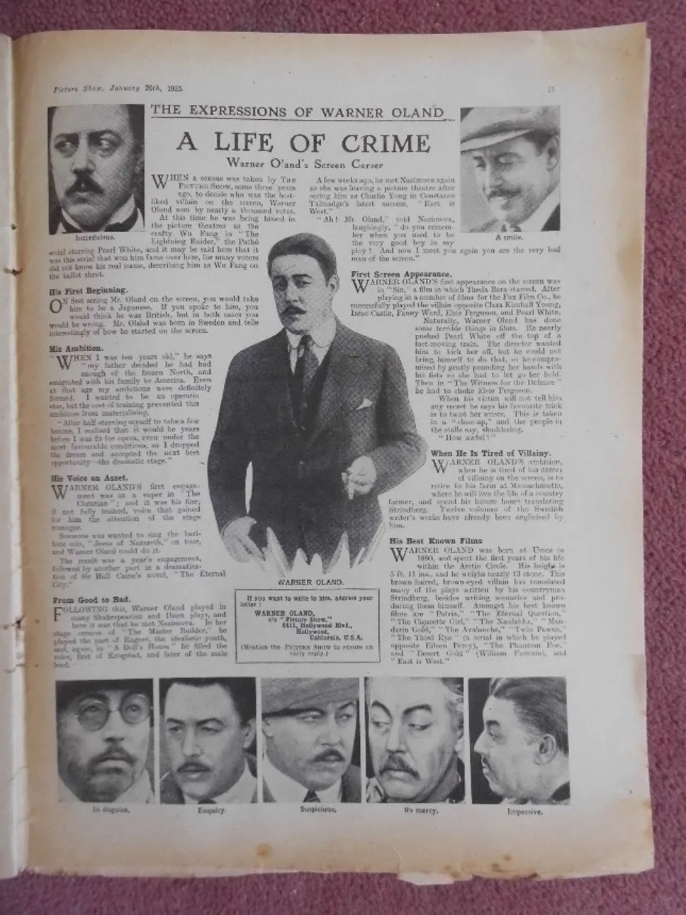 WARNER OLAND in scarce 1923 UK mag PICTURE SHOW, image 2