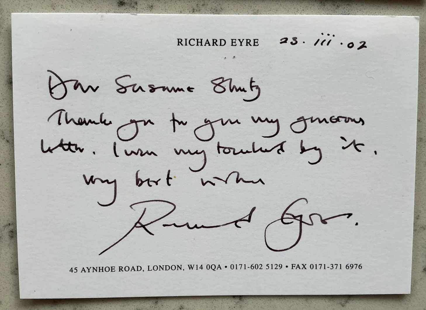 RICHARD EYRE SIGNED ALS AUTOGRAPHED LETTER NOTE FILM & THEATRE DIRECTOR 2002, изображение 2