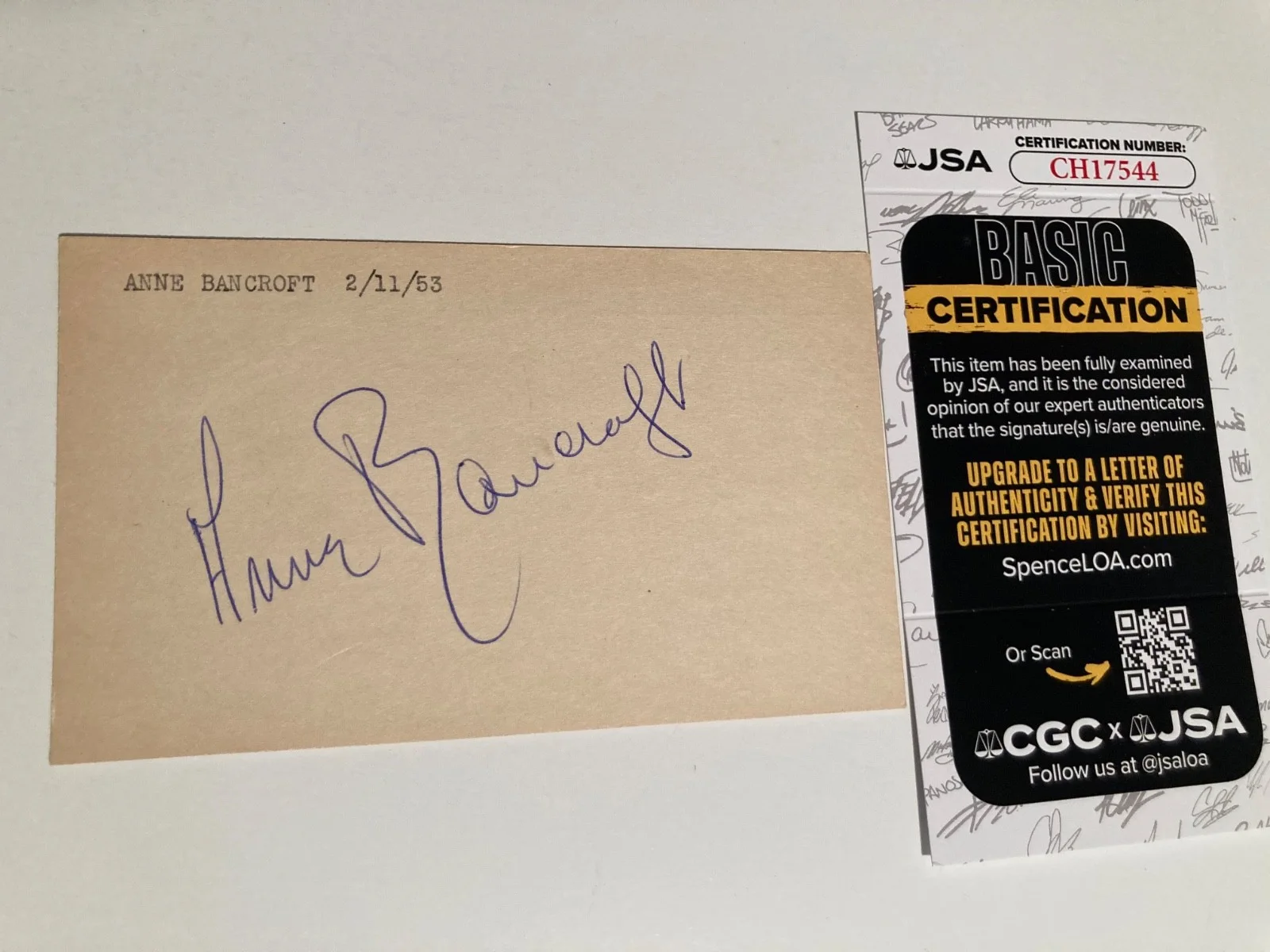 ANNE BANCROFT — ANNE BANCROFT signed 3x5 card "THE GRADUATE", "THE MIRACLE WORKER JSA #CH17544