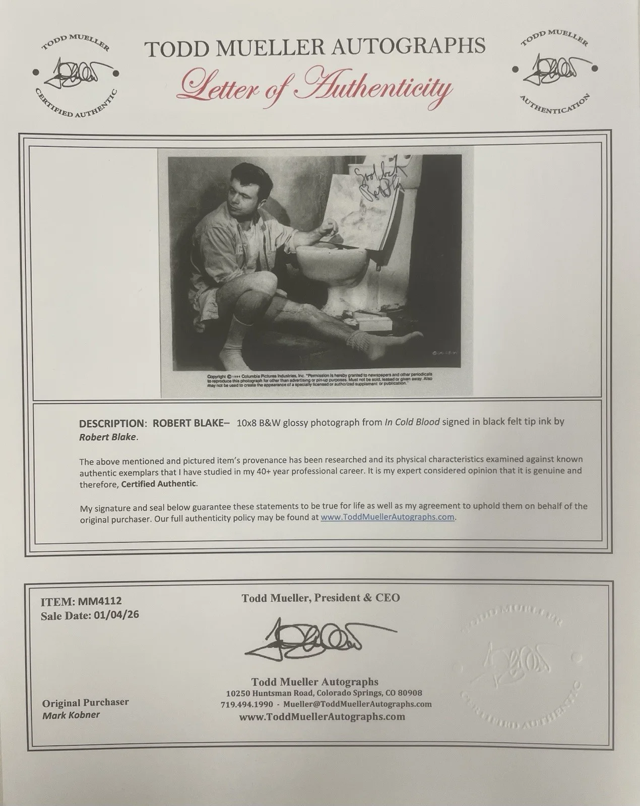 Robert Blake — Robert Blake “In Cold Blood” Signed 8x10 Vintage Photo With COA and JSA Cert, image 3